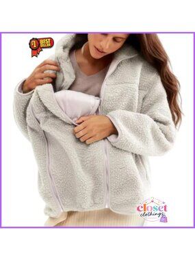 Maternity Fleece Sherpa Winter Coat Zip Up Panel Loose Fit Pregnancy Jacket